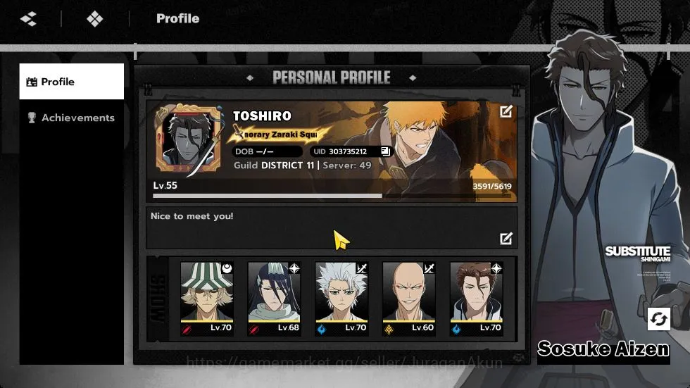 BLEACH: Soul Resonance Accounts NuverseSEA|Lv55|6 SSR [(Toshiro,Urahara,Aizen,Byak image 1