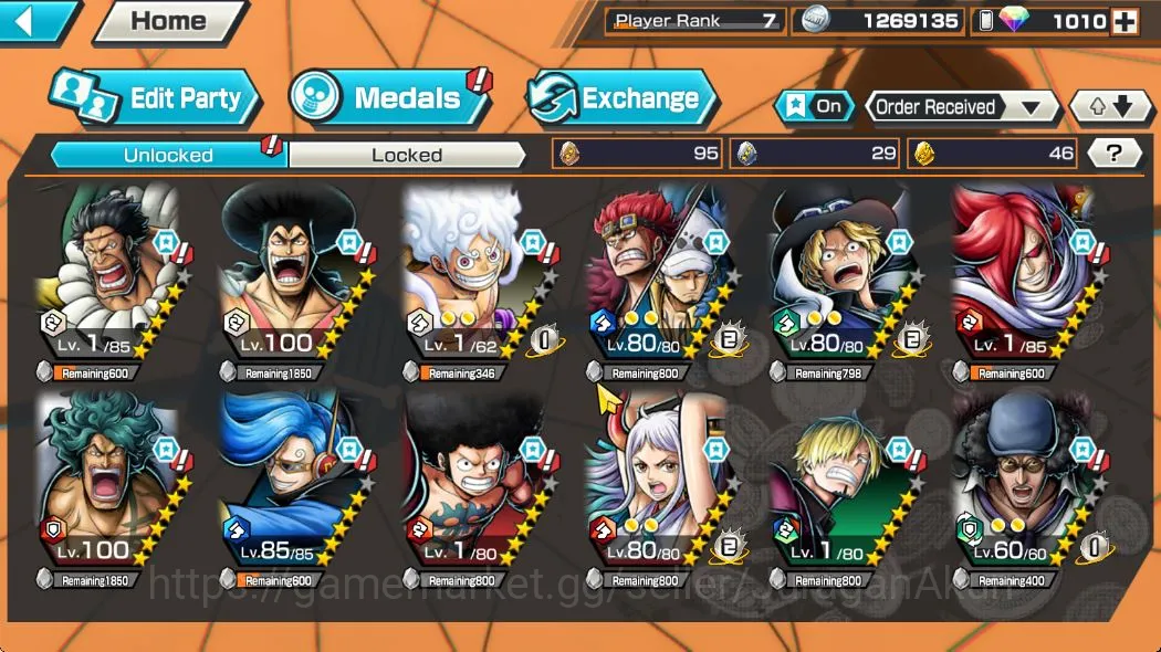 One Piece Bounty Rush Accounts Mid-Tier Global|5 META Extreme [The Four Emperors Luffy,Yamato,Kuzan,Kid and 2