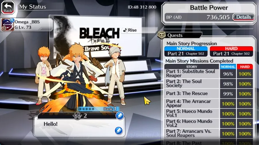 Bleach: Brave Souls Accounts Mid-Tier [GLOBAL]47K Orb|Ichigo 10th Anniv,Creator 2
