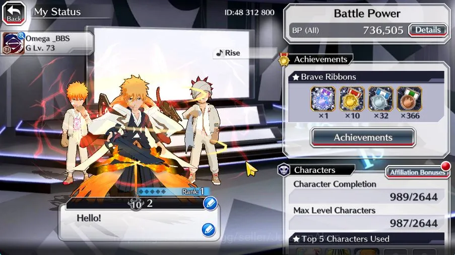 Bleach: Brave Souls Accounts Mid-Tier [GLOBAL]47K Orb|Ichigo 10th Anniv,Creator 3