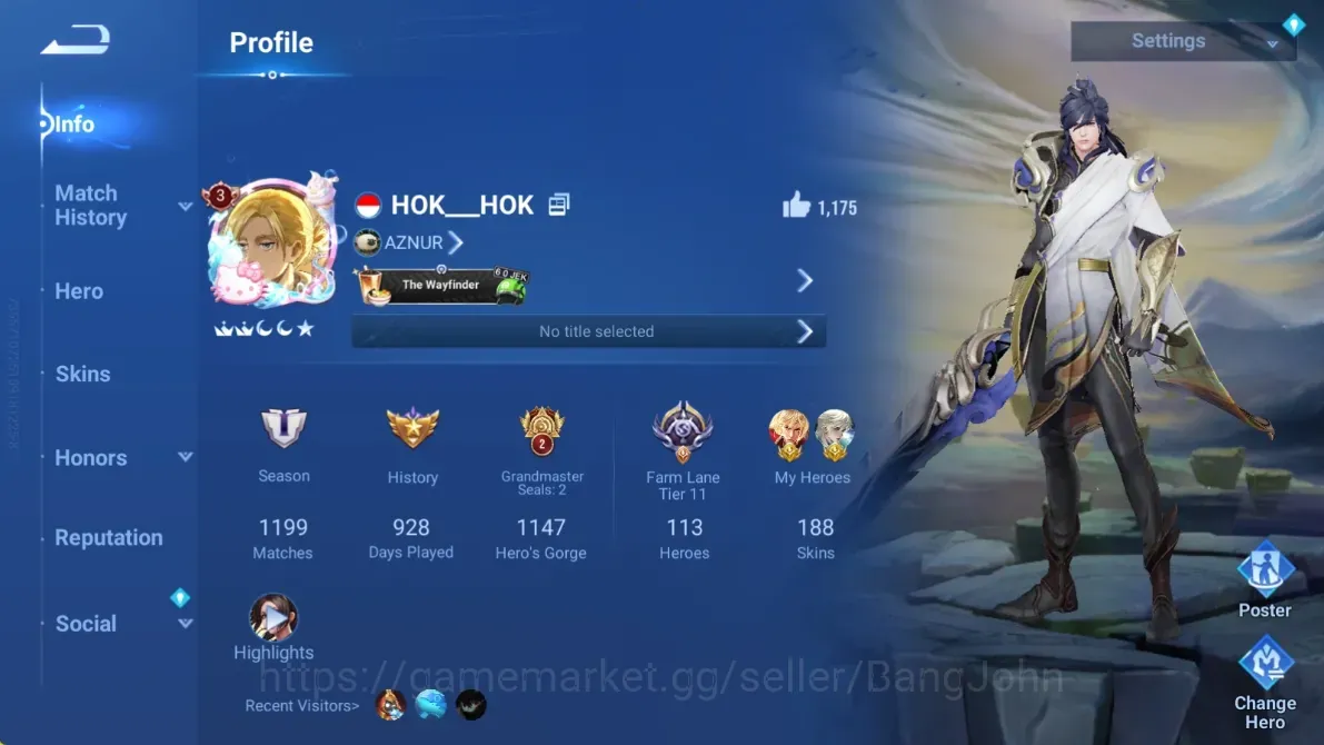 Honor of Kings Accounts Rare Skin Global|113H 188|KIC:Luna|6 Legend:Arthur,Angela,Ying,Consort Yu,Li Xin,Wukong|SXD:Hou 1