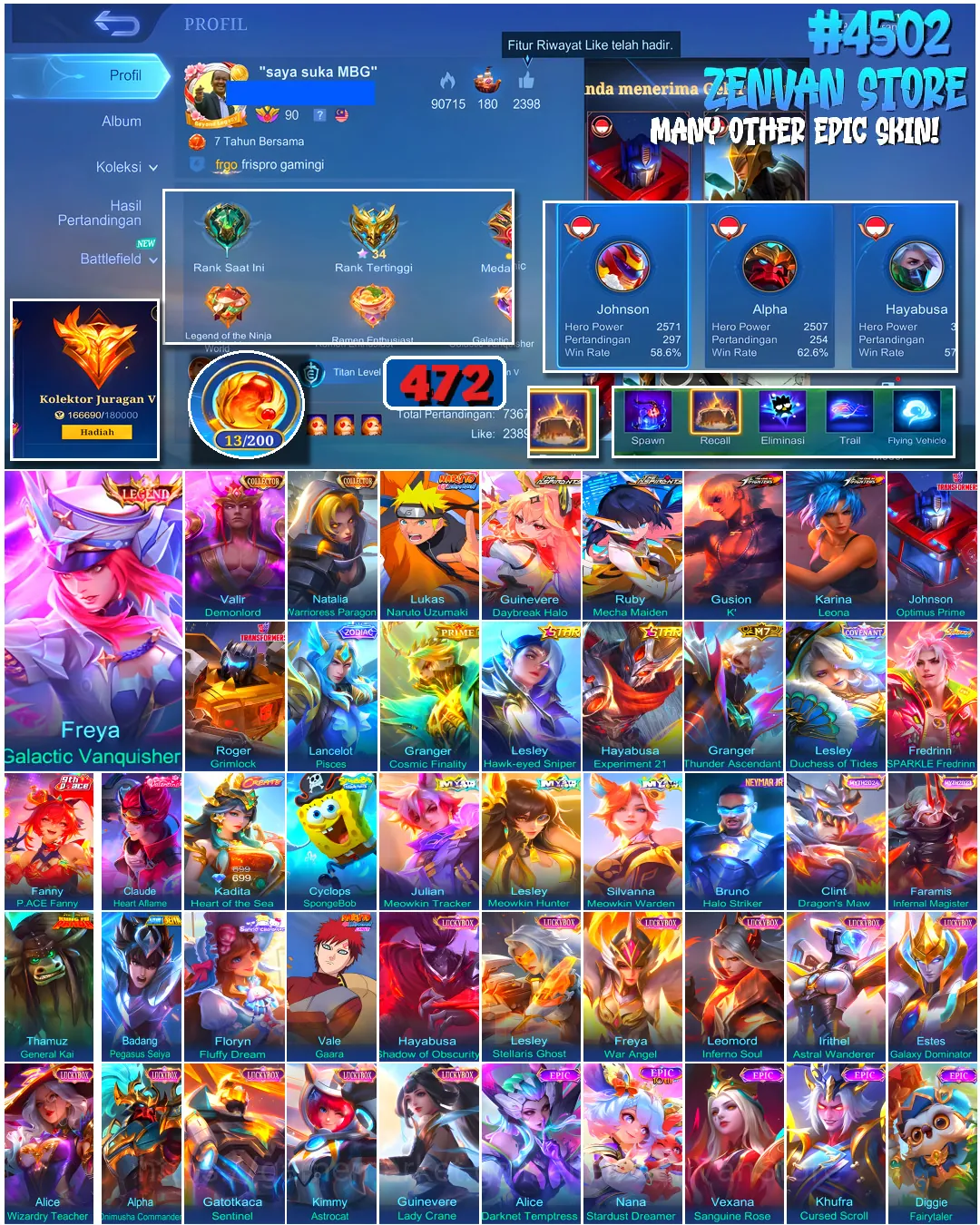 Mobile Legends: Bang Bang Accounts #4502 472 Skins | Freya Galactic Vanquisher (LEGEND) | Gusion K' (KOF) | Karina Leona 1