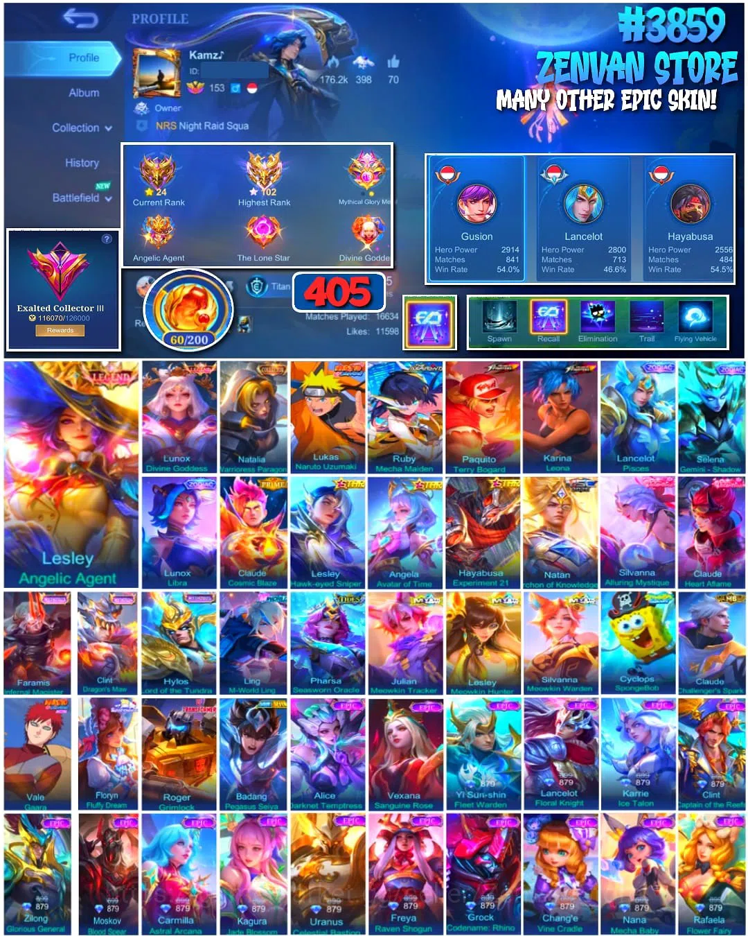 Mobile Legends: Bang Bang Accounts Collector #3859 405 Skins | Legend Lesley & Lunox | Collector Natalia | Naruto | Aspirant 1
