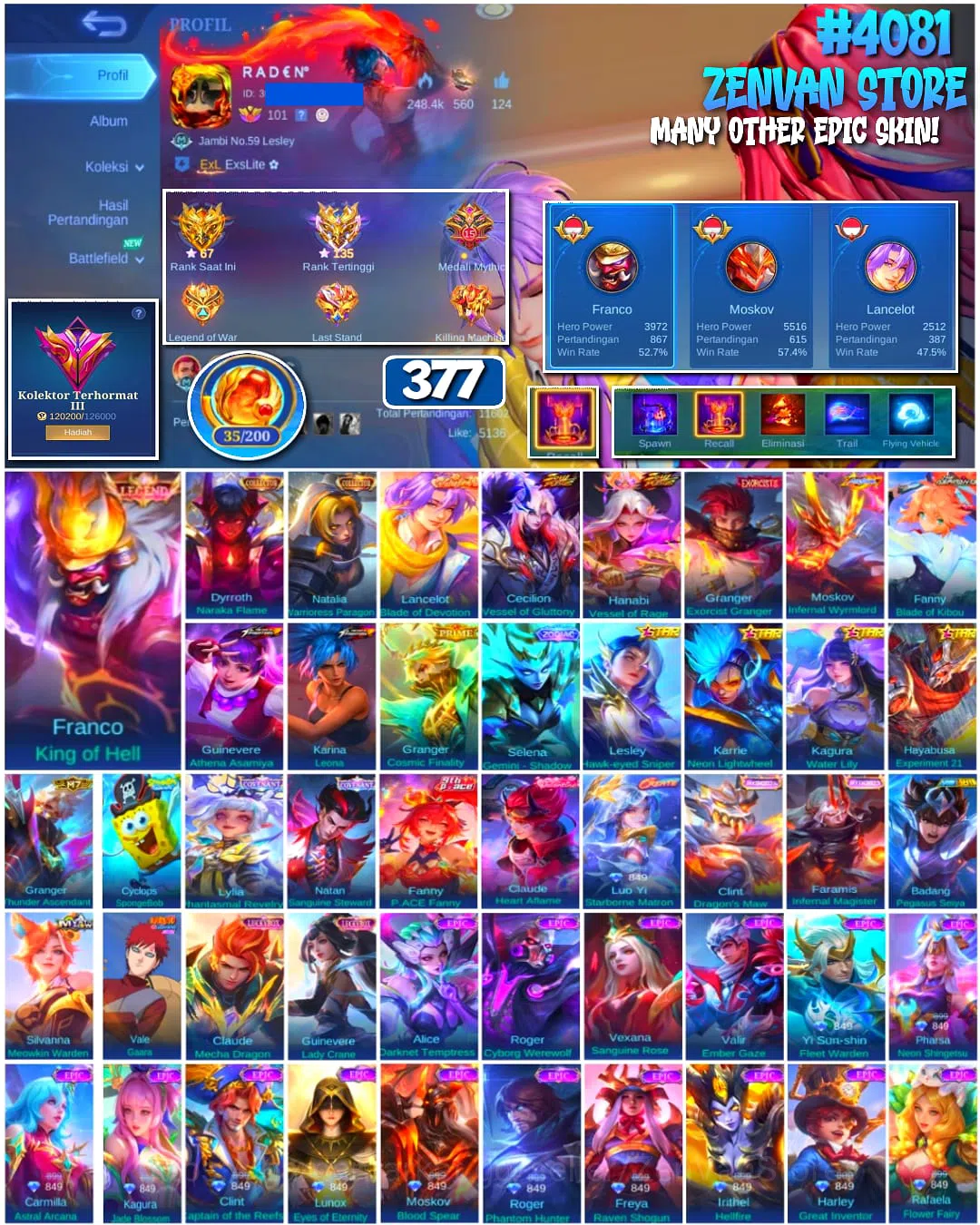 Mobile Legends: Bang Bang Accounts π₯ #4081 π₯ π Ex Mythical Immortal 135 Stars π 377 Skins βοΈ Legend Franco King of Hell 1