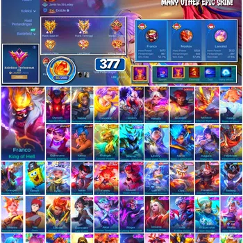 Mobile Legends: Bang Bang Accounts 🔥 #4081 🔥 💎 Ex Mythical Immortal 135 Stars 👑 377 Skins ⚔️ Legend Franco King of Hell