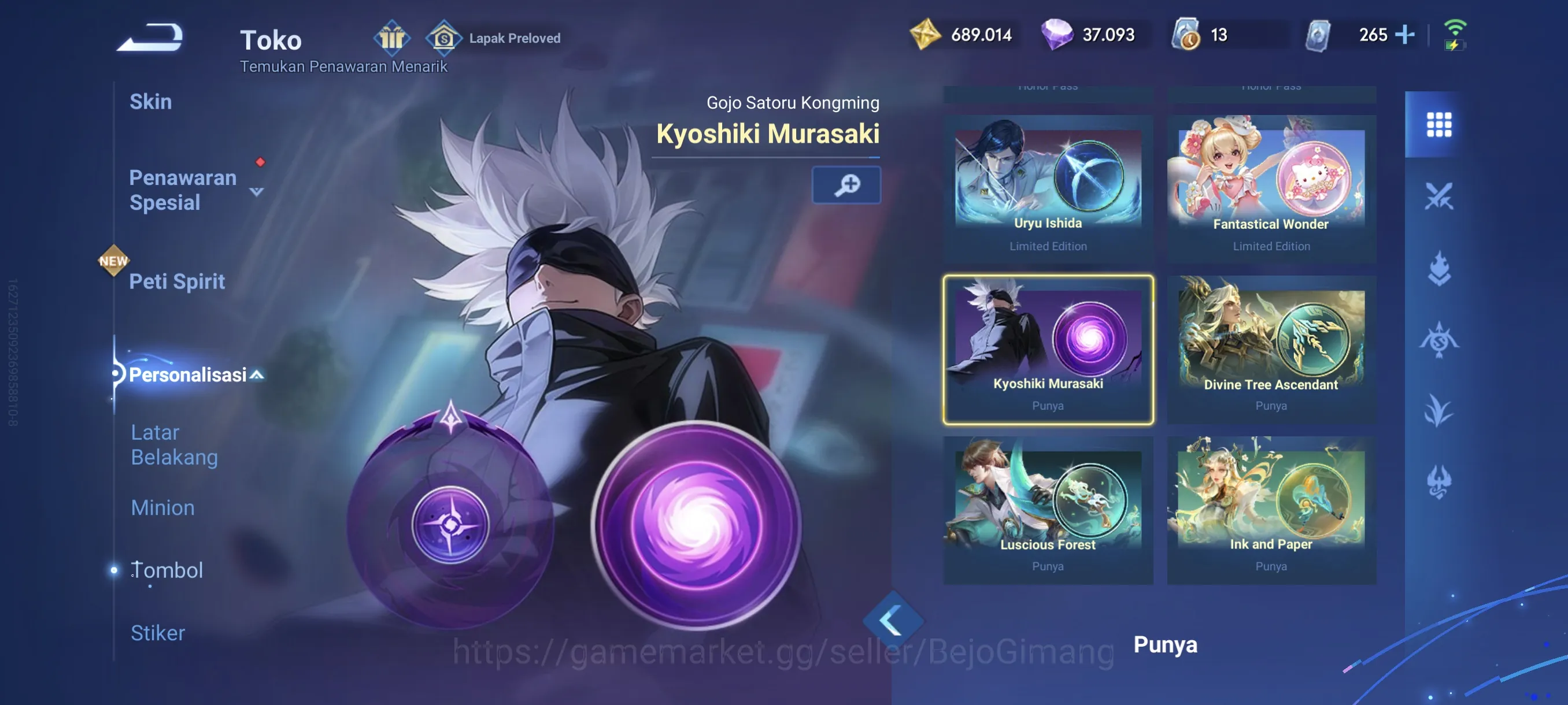 Honor of Kings Accounts Rare Skin Global Hero 113 Skin 234: JJK Gojo, 2 Seiya(Mozi,Dharma) KIC Luna, Limited Garo, 6 Legend 1