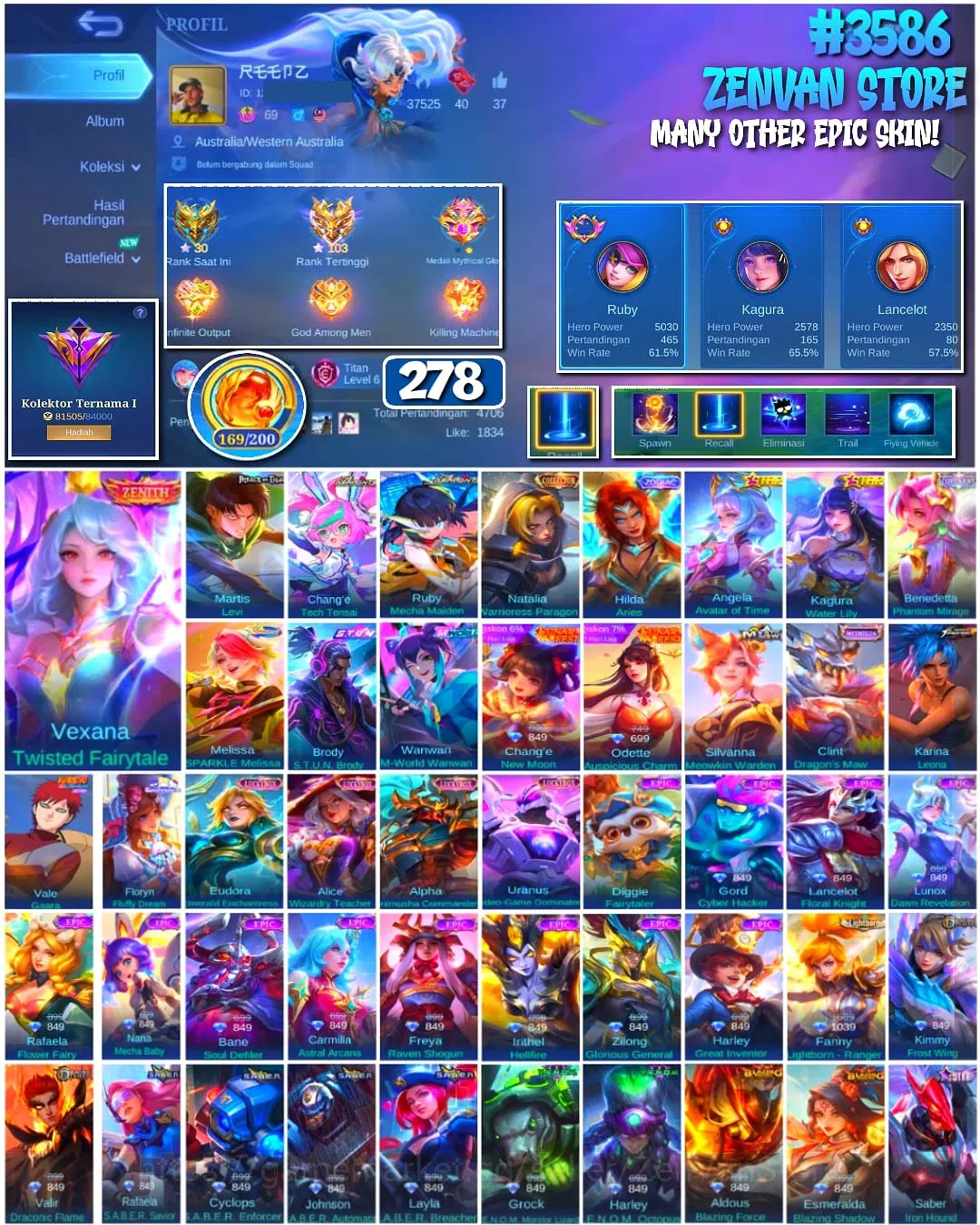 Mobile Legends: Bang Bang Accounts #3586 278 Skins | Collector Natalia | Zenith Vexan image 1