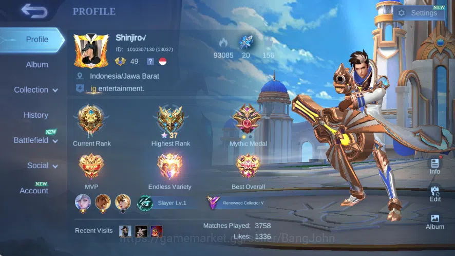 Mobile Legends: Bang Bang Accounts Others Global|Hero 106|Skin 219|Renowned|KOF Karina,Lightborn 1