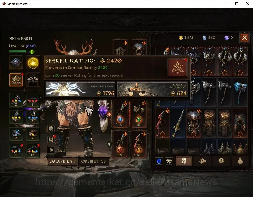 Diablo Immortal Accounts High-End Eu - Secheron |CS ON|Lv60(648)|Barbarian|39K CR|Reso 420|Paragon Maledictor|Inferno IV|2 5