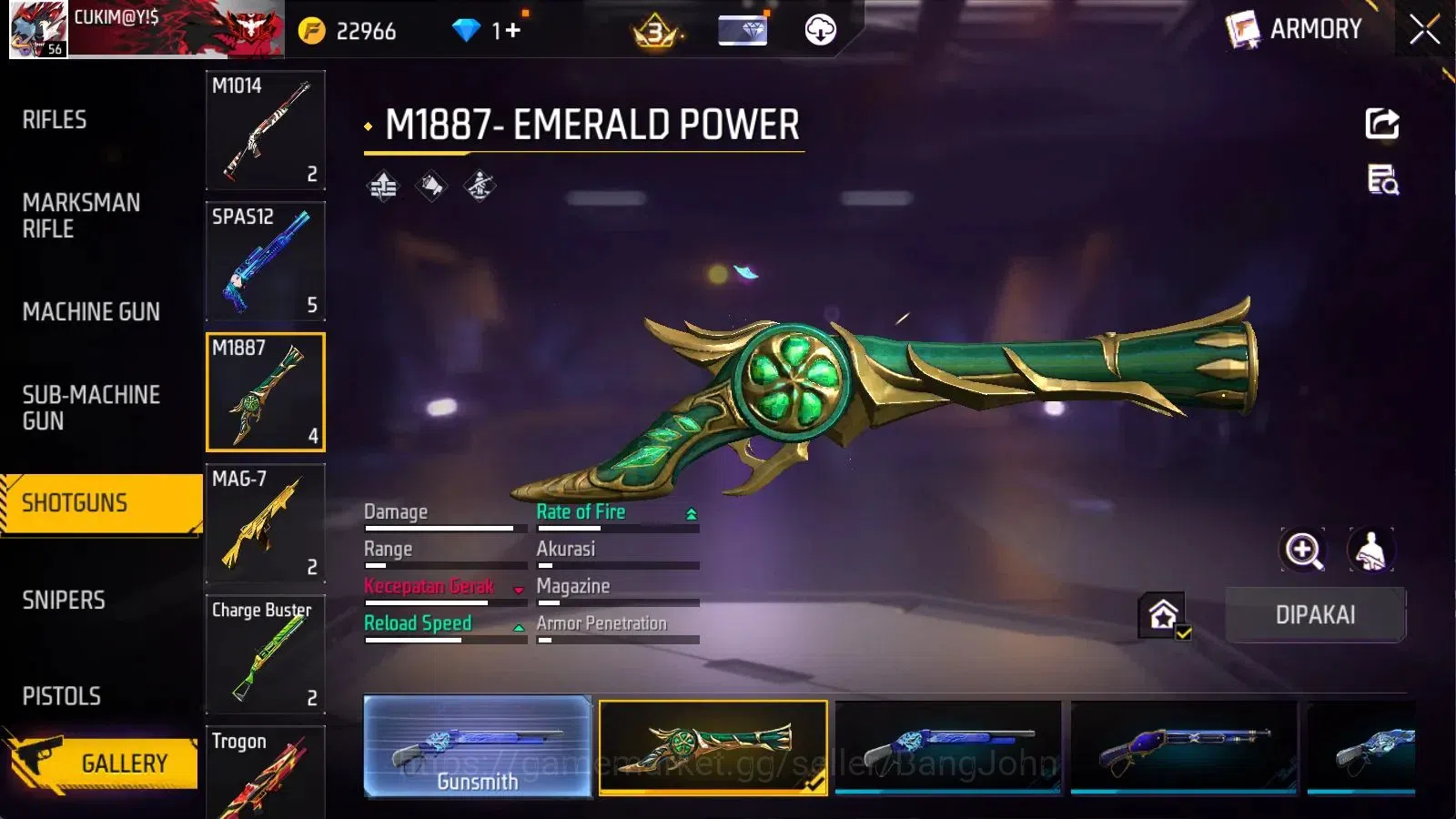 Free Fire Accounts Indonesia | M1887 Emerald Power | Vault 494 | Bund image 2