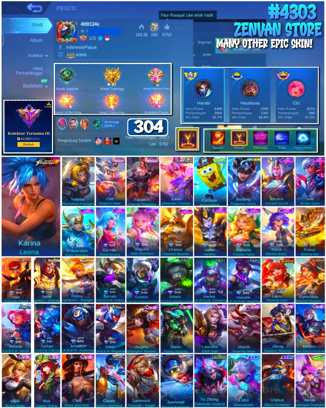 Mobile Legends: Bang Bang Accounts #4303 304 Skins | Natalia Warrioress Paragon (COLLECTOR) | Karina Leona (KOF) | Badang 1