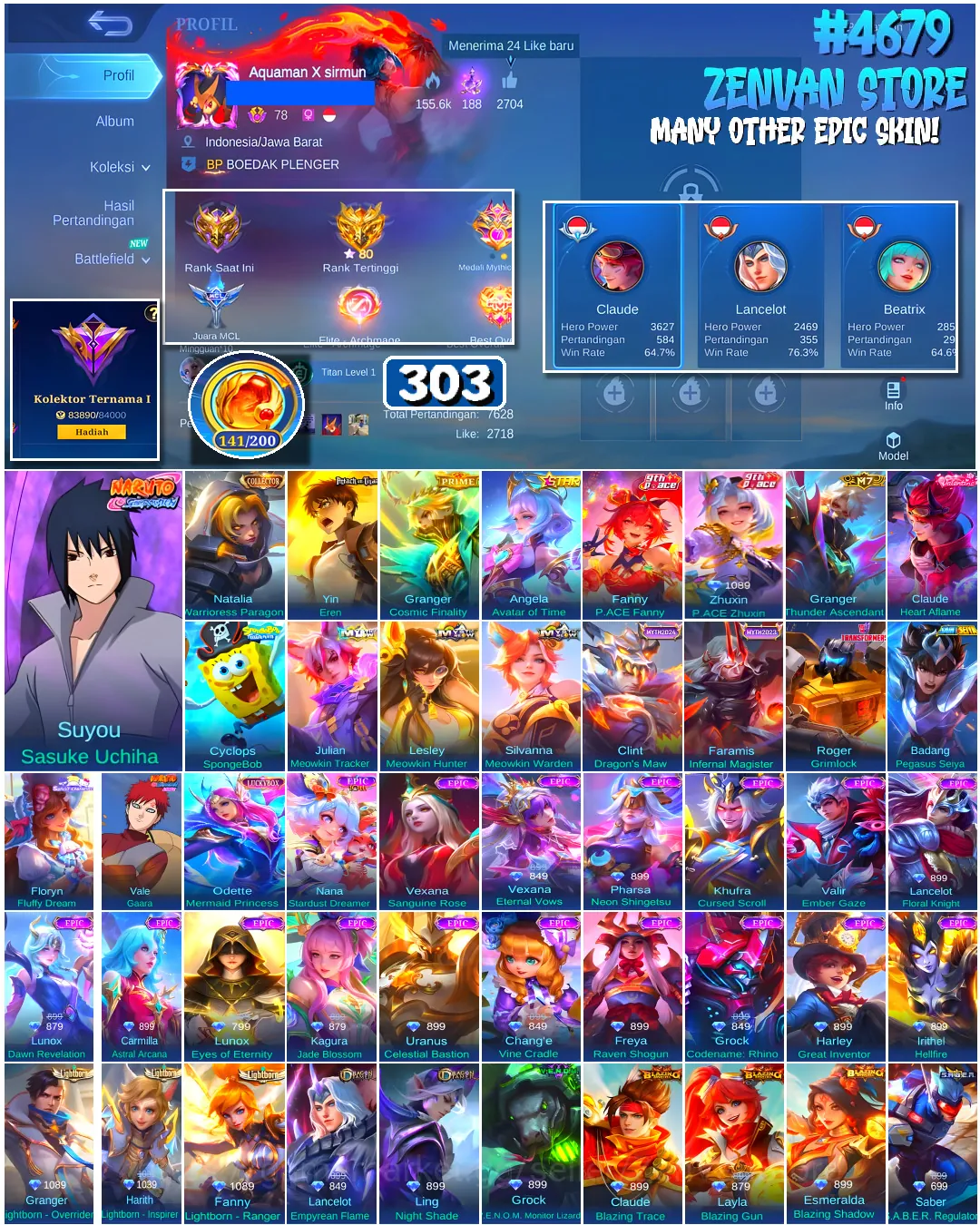 Mobile Legends: Bang Bang Accounts #4679 303 Skins | Floryn Fluffy Dream (SANRIO) | Roger Grimlock (TRANSFORMERS) | Suyou 1