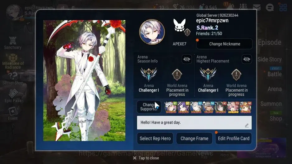 Epic Seven Accounts High-End GLOBAL|UnVerif|21ML(LOTScales,BArunka,Belian,Zio)+Setsuka,PByblis|AUTO W Hunt|SPD 298 2