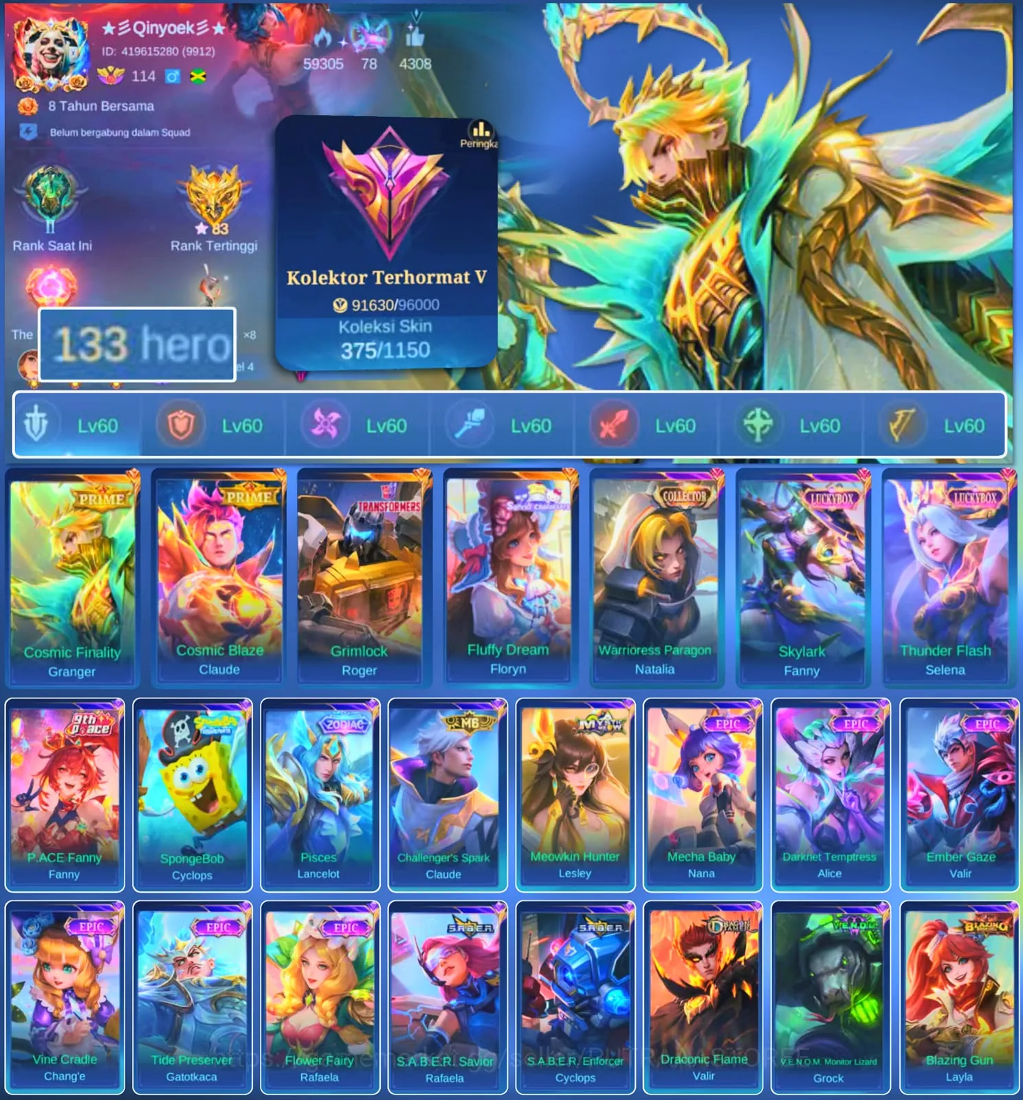 Mobile Legends: Bang Bang Accounts Rare Skin HERO 133 SKIN 375 | EMBLEM ALL MAX| PRIMER GRENGER| PRIME CLAUDE| COLECTOR 1