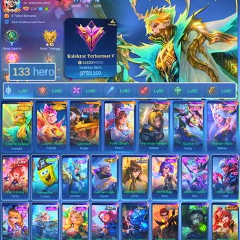 Mobile Legends: Bang Bang Accounts Rare Skin HERO 133 SKIN 375 | EMBLEM ALL MAX| PRIMER GRENGER| PRIME CLAUDE| COLECTOR