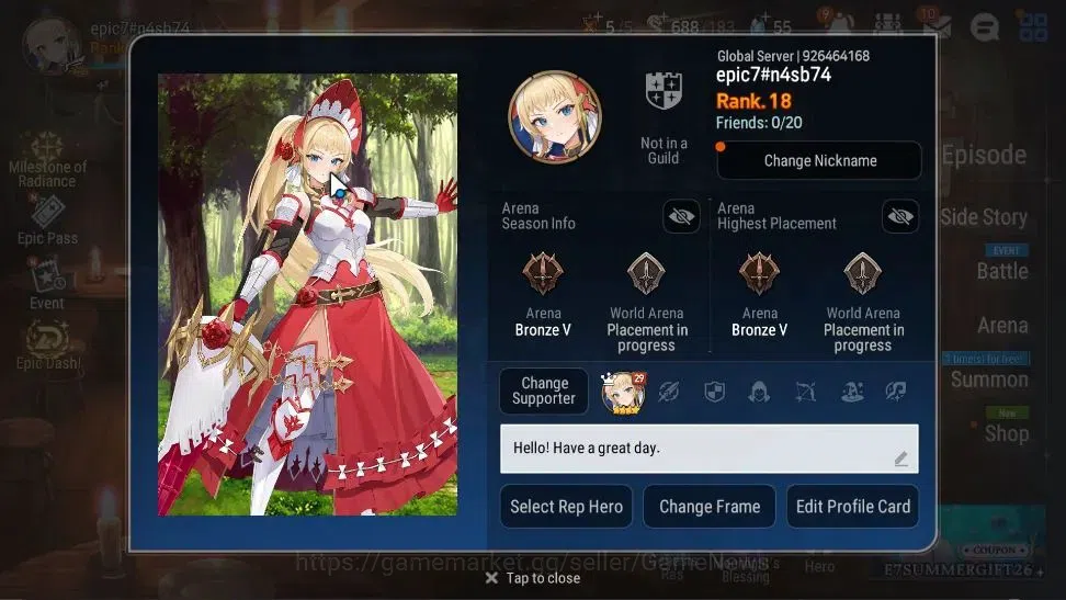 Epic Seven Accounts Starter GLOBAL UnVerif|New Era|3 ML(Dark Diene,HarSeti,SP Politis)+Teneberia,Landy|Poh ON|800 MM+2,5K 2