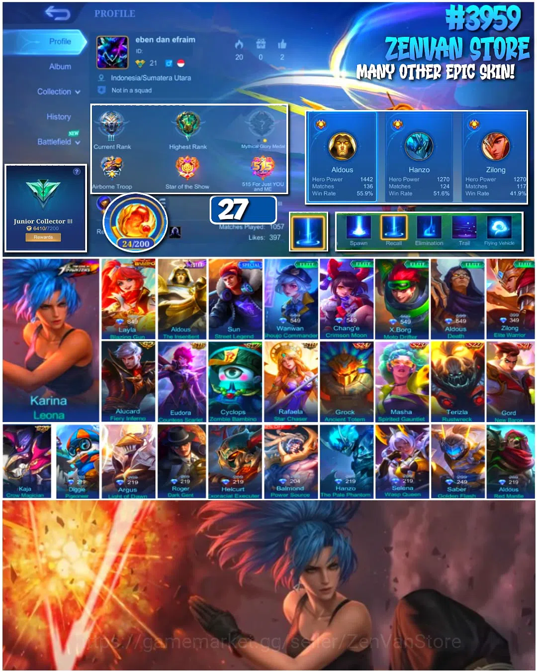 Mobile Legends: Bang Bang Accounts #3959 27 Skins KoF Karina Many Epic Safe Account 1