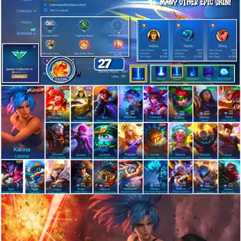 Mobile Legends: Bang Bang Accounts #3959 27 Skins KoF Karina Many Epic Safe Account