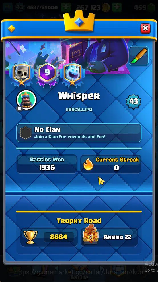 Clash Royale Accounts Midgame Lvl 43|Trophy 8884|KTL 14|Limited Skin|Card 121| 1 Hero 6 EVO 8 Champ 21 Legendary 33 Epic,30 2