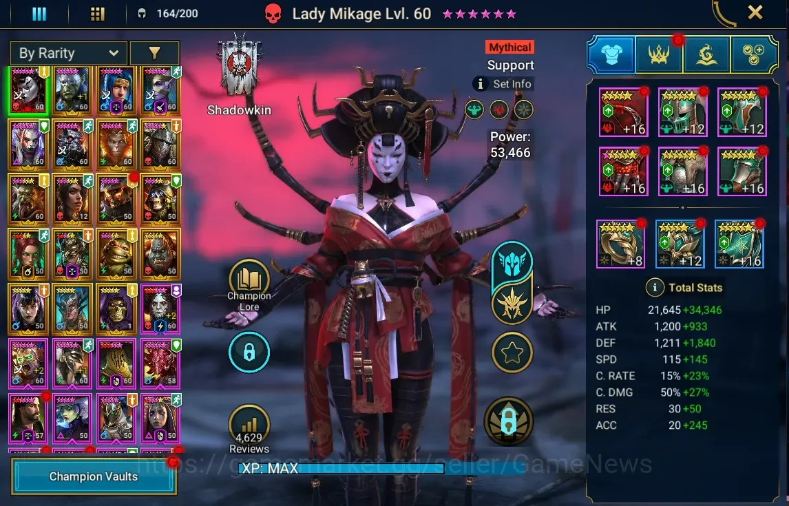 Raid: Shadow Legends Accounts Mid-Game Lv 64|1,6M PWR|1 Mythic(Lady Mikage)+37 1