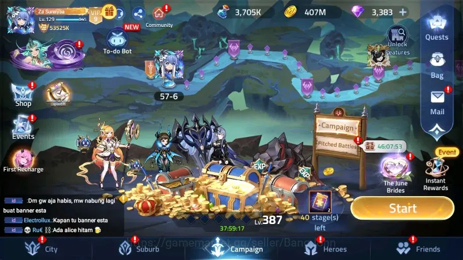 Mobile Legends: Adventure Accounts Global |LV 129|53525k Power |VIP 9|Camp 57-5|Hero 202|3 UR[Irithel,Norn,Crocell]|15 3