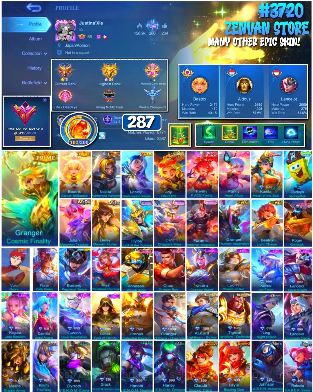 Mobile Legends: Bang Bang Accounts Collector #3720 287 Skins | Collector Natalia | Prime Granger & Beatrix | Transformers 1