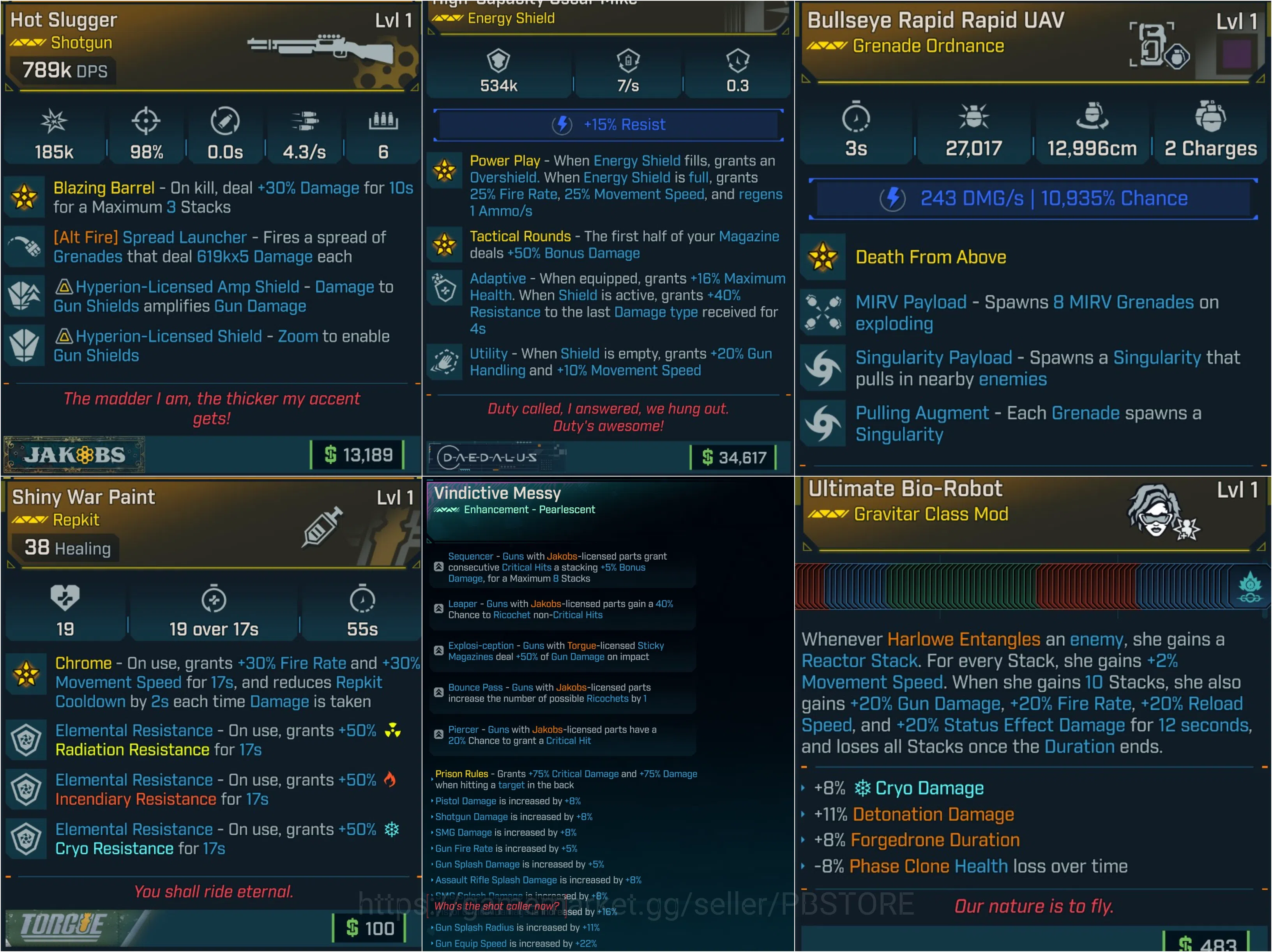 Borderlands 4 Items LVL1 GRAVITAR LEVELING PACK (HARLOWE CLASS MOD MAX ALL SKILLS + 534K SHIELD + AOE GRENADE + REPKIT 1