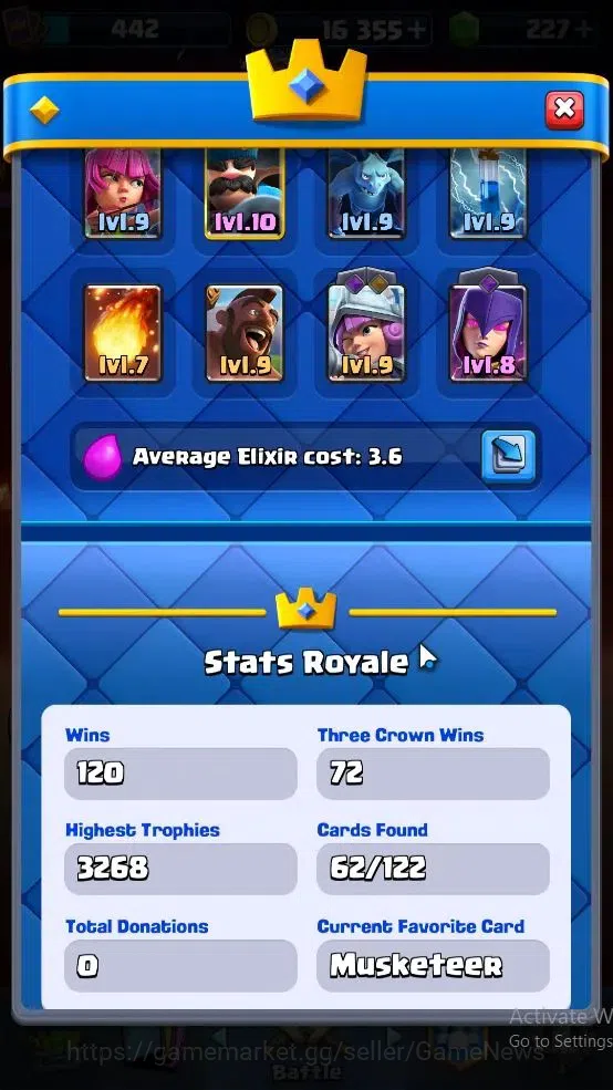 Clash Royale Accounts High-End Lvl 442|Trophy 3268|KTL 9|Card 62|2 EVO,19 Epic,23 Rare,25 Common|2 Wild Shard+Gems 227|Take 3