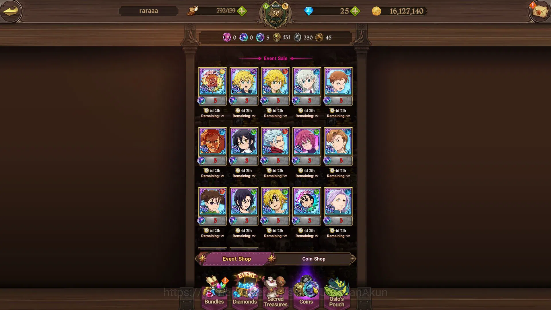 The Seven Deadly Sins: Grand Cross Accounts Starter Asia|Starter|Ch 6|801K CC|5 UR|Merlin&Escanor,Escanor,Mael,Thor,DK 7