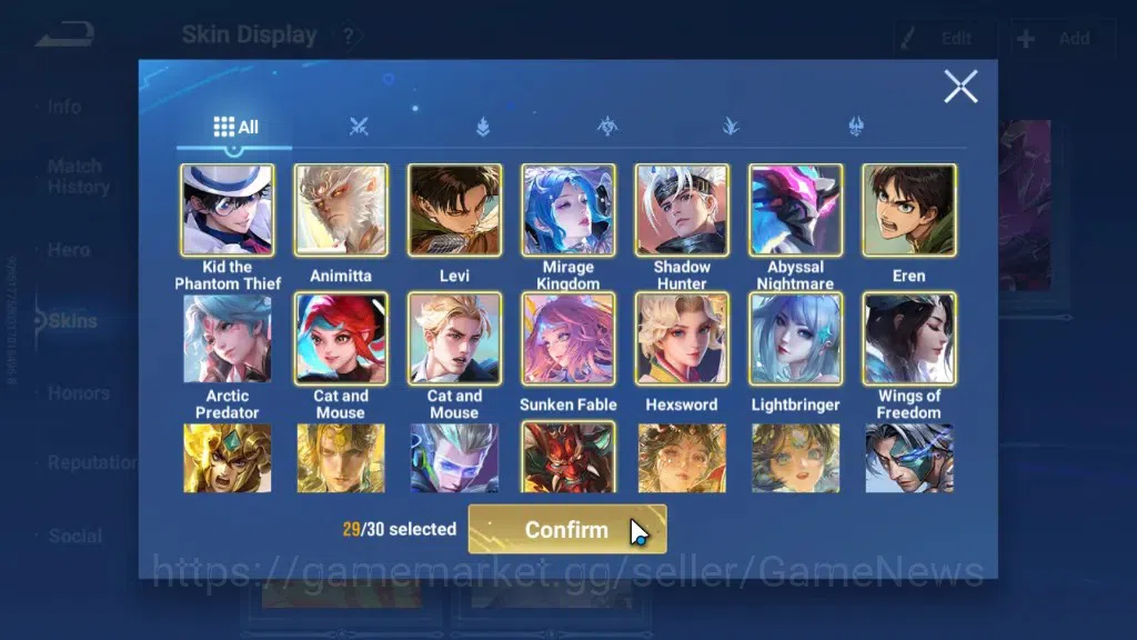 Honor of Kings Accounts Rare Skin Hero113 Skin329|Flawless Wukong,Mythic Diaochan,Lu Bu,Han Xin,AoT Eren&Levi,JJK Gojo,DC 16