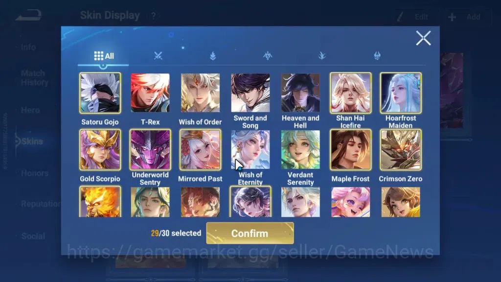 Honor of Kings Accounts Rare Skin Hero113 Skin329|Flawless Wukong,Mythic Diaochan,Lu Bu,Han Xin,AoT Eren&Levi,JJK Gojo,DC 18