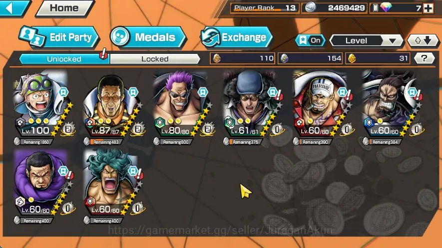 One Piece Bounty Rush Accounts Mid-Tier Global | 5 Meta Extreme [Sakazuki,FilmZ Zephyr,Bersalino,Kuzan,Kaido,]|Rank 13|Log 5