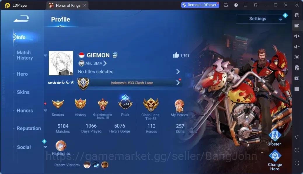 Honor of Kings Accounts Rare Skin Global|113H 257S|1Mythic|1Blessed|1Limbo|1KIC|1LNY|9 1