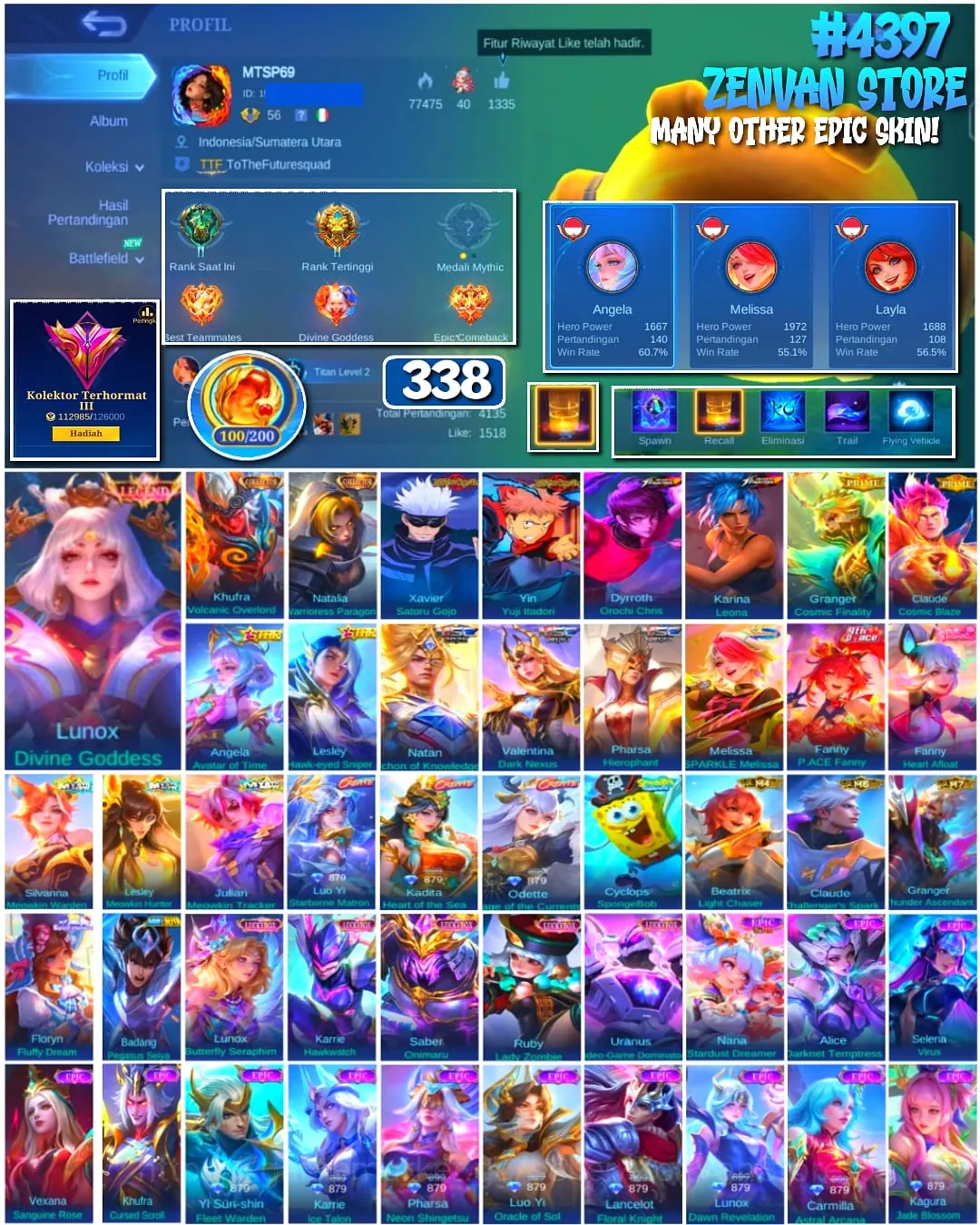Mobile Legends: Bang Bang Accounts #4397 338 Skins | Lunox Divine Goddess (LEGEND) | Xavier Satoru Gojo (JUJUTSU KAISEN 1