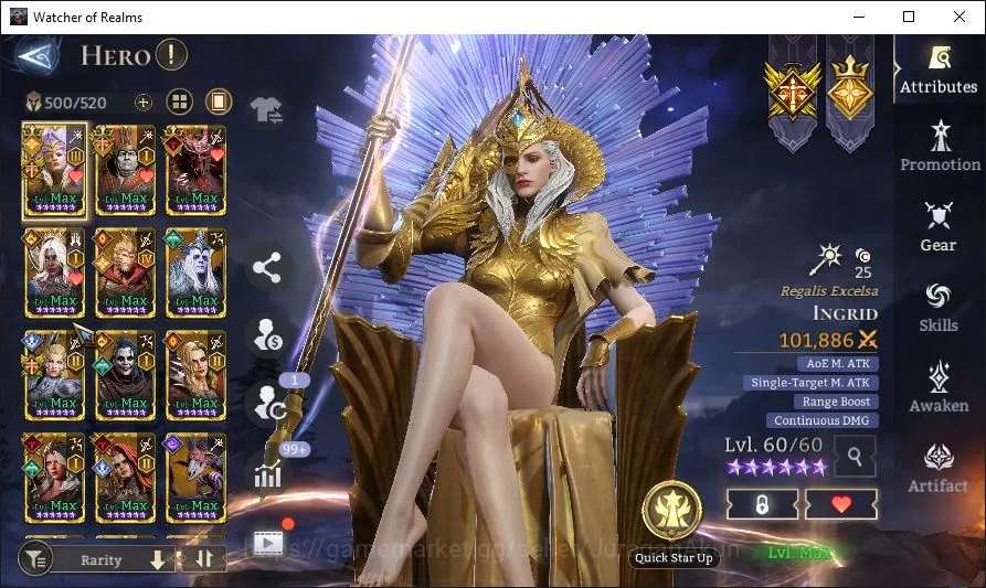 Watcher of Realms Accounts Mid-Tier Global 60x|LV83|5,3M Power Abyss I|12 Lord[Ingrid A3,Valderon,Prateus A1][Wukong A4,Hex 3