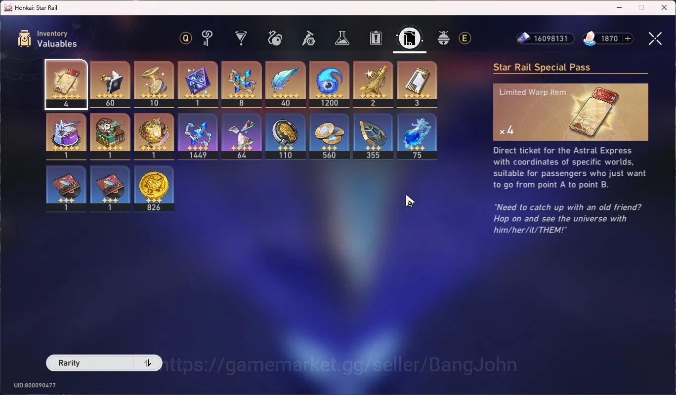 Honkai Star Rail Accounts Others ASIA | TL 70 | Stellar Jade 1870 + 4 ticket | Limited 20 | costume Ruan Mei | Yao Guang S1 16