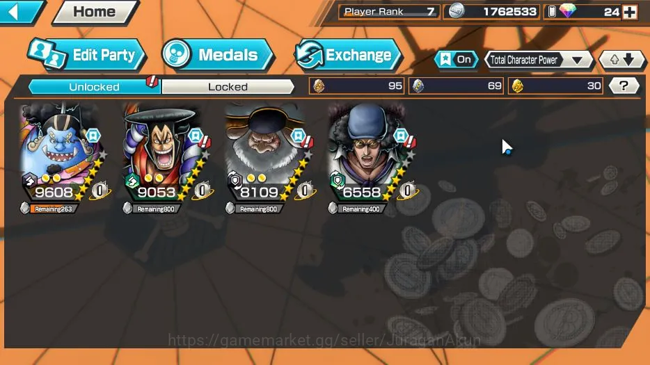 One Piece Bounty Rush Accounts Starter Global|3 META EX|Daimyo Kuari Oden,Five Elders St.Jaygarcia Saturn,Blackbeard Pirates 4