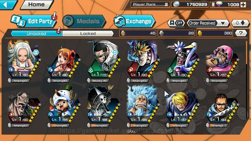 One Piece Bounty Rush Accounts Mid-Tier Global | Starter | 3 META EX | Kozuki Oden,S-Snake,Rob Lucci | Rank 2 | 1K RD+380 FG 4
