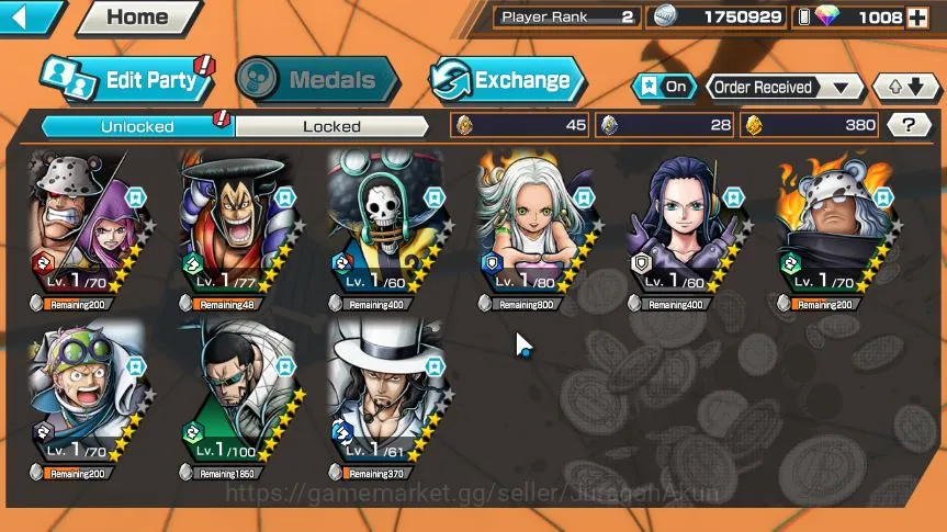 One Piece Bounty Rush Accounts Mid-Tier Global | Starter | 3 META EX | Kozuki Oden,S-Snake,Rob Lucci | Rank 2 | 1K RD+380 FG 5