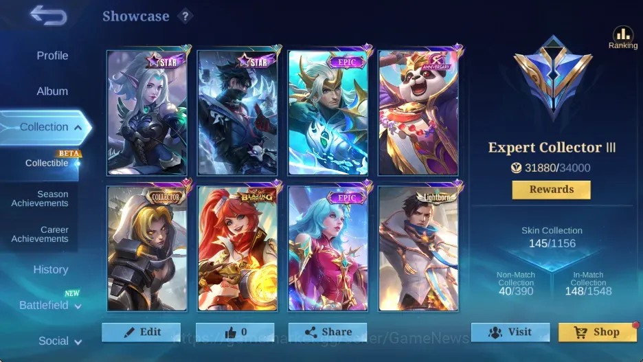 Mobile Legends: Bang Bang Accounts Collector Hero 93|Skins 145|Ex Glory 68|CC Nata,Fanny (Valentine,P Ace),LiBorn 1