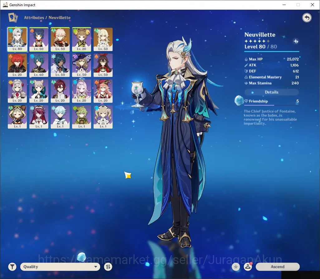 Genshin Impact Accounts Mid Game EU|AR 48|2 Limited + 1 [5 Star Weapon]|[Neuvillette C1,Kazuha]|Welkin ON|Low Explore 3