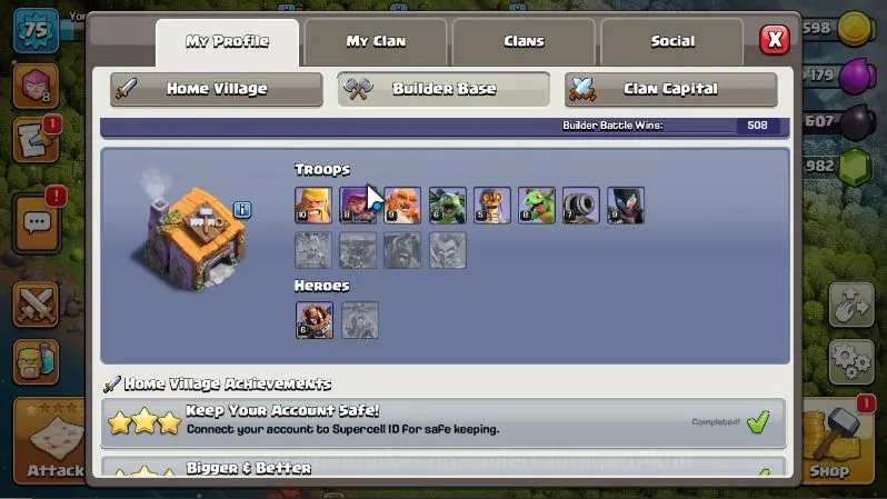 Clash of Clans Accounts Mid-Tier TH 13 - BH 6|Limited Skin|LV 75|HH 5|BK 26,AQ 45,GW 9,MP 20,RC 0|Gems 982|CN 5