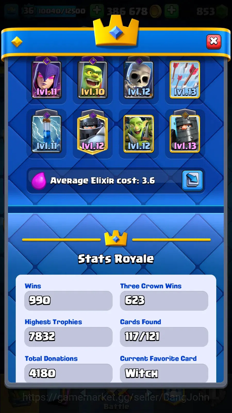 Clash Royale Accounts Lv 36|KTL 12|Trophy 7832|Card 117|1 Hero (Golden K image 20