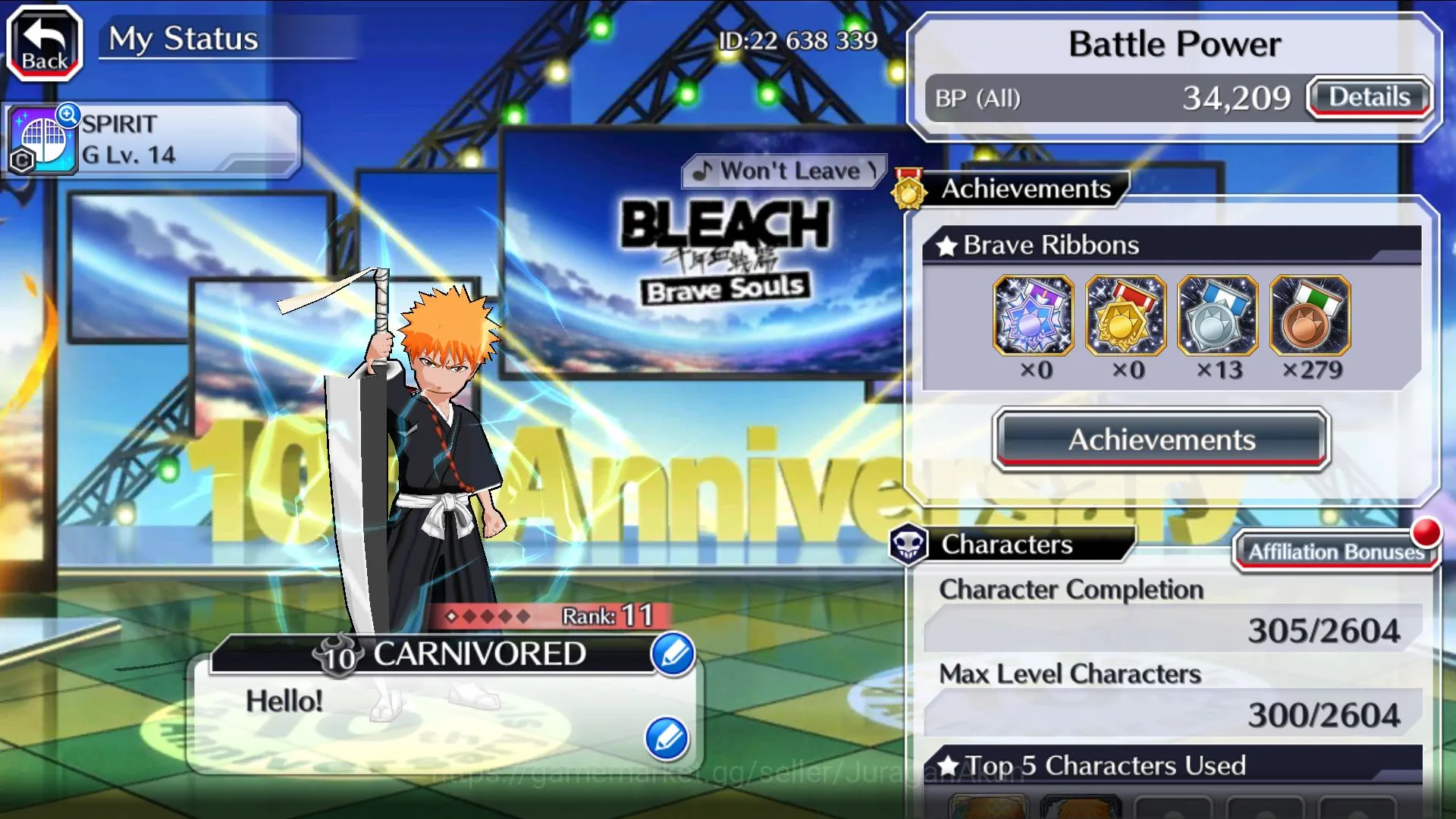 Bleach: Brave Souls Accounts Mid-Tier [GLOBAL]Fresh Story Hard +20k Orbs|White 8th Anniv LV200,Yumichika Manor 3