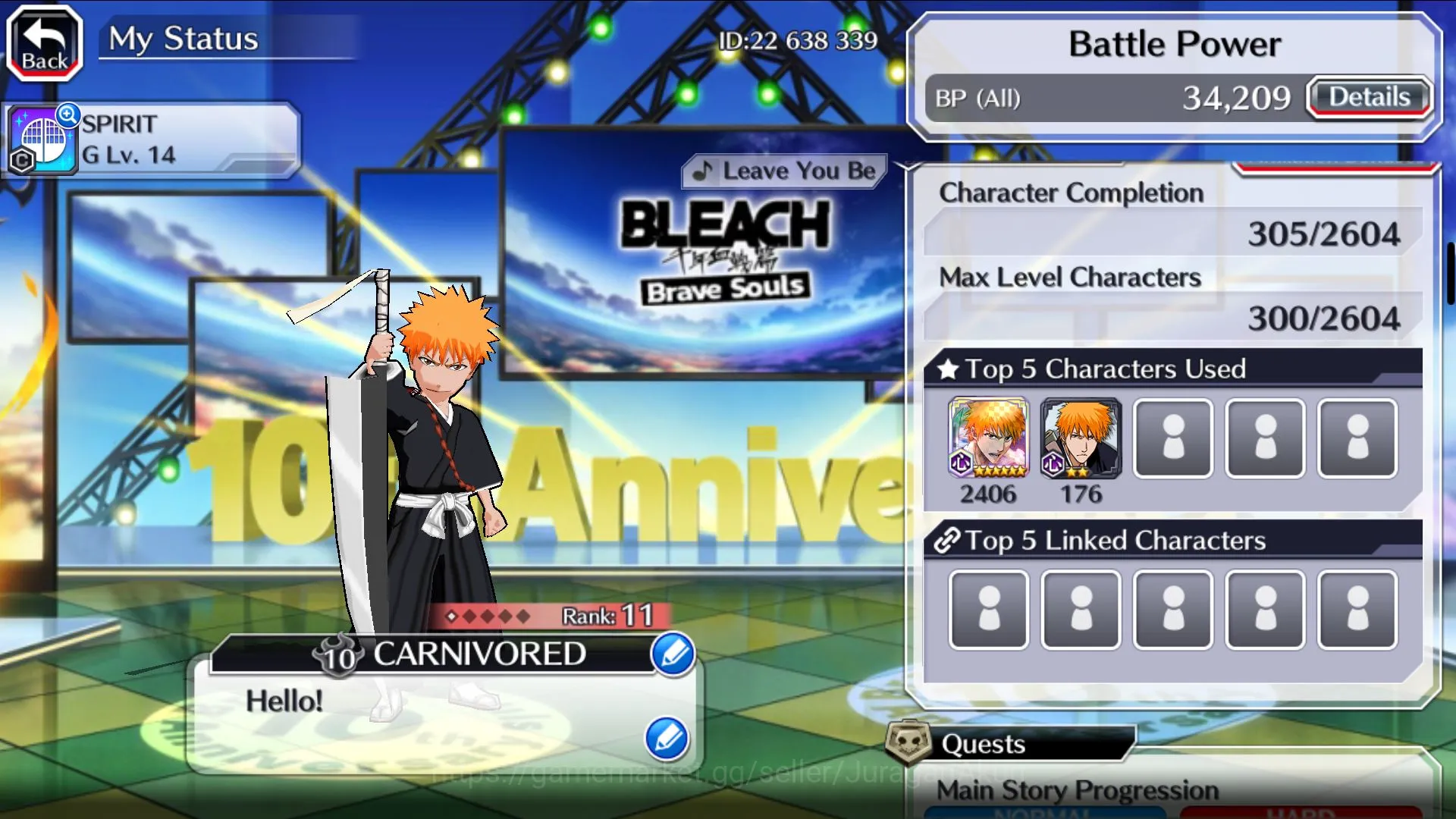 Bleach: Brave Souls Accounts Mid-Tier [GLOBAL]Fresh Story Hard +20k Orbs|White 8th Anniv LV200,Yumichika Manor 4