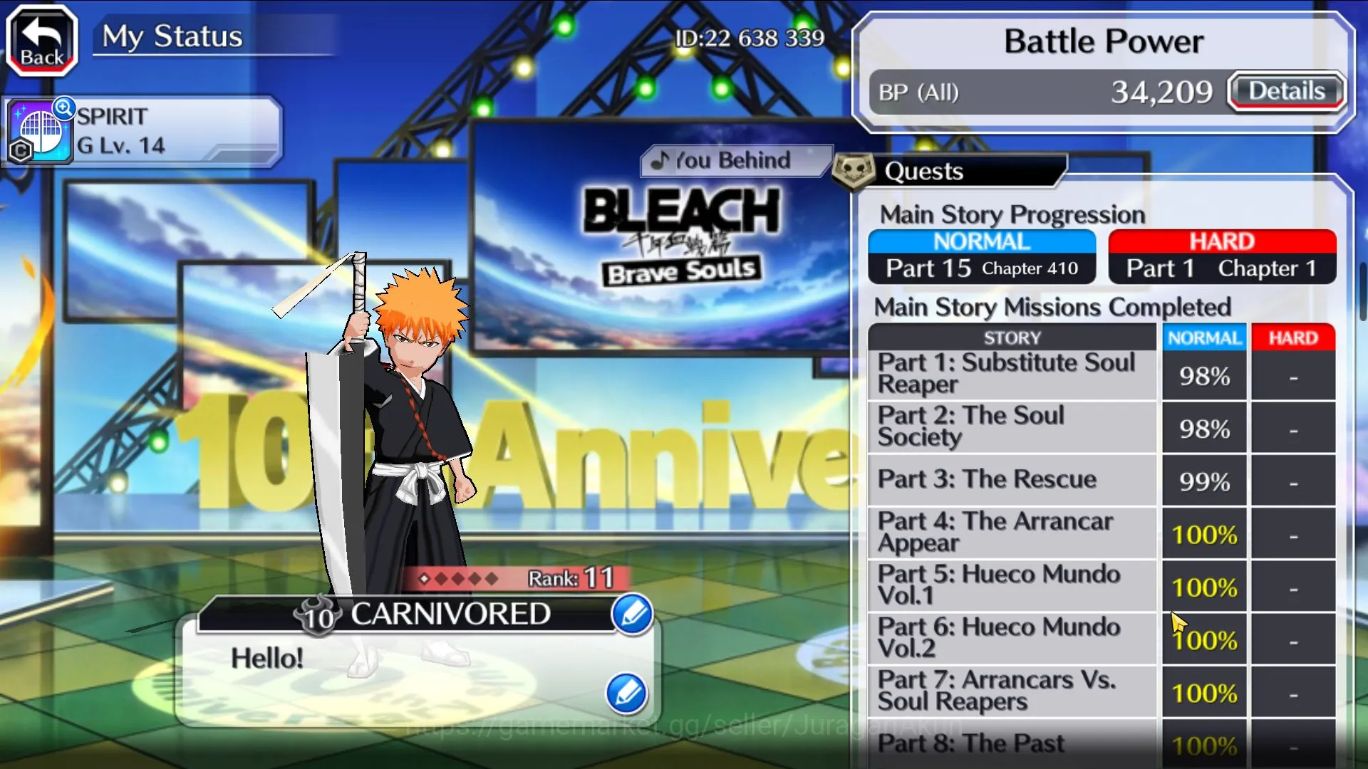 Bleach: Brave Souls Accounts Mid-Tier [GLOBAL]Fresh Story Hard +20k Orbs|White 8th Anniv LV200,Yumichika Manor 6