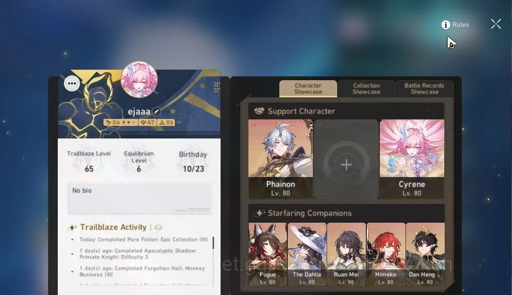Honkai Star Rail Accounts Mid Game ASIA | TL 65 | 7 Limit|[Cyrene E2,The Dahlia,Phainon]+Sign,Fugue,Dante,Etc|SJ 4,4K|MC 5