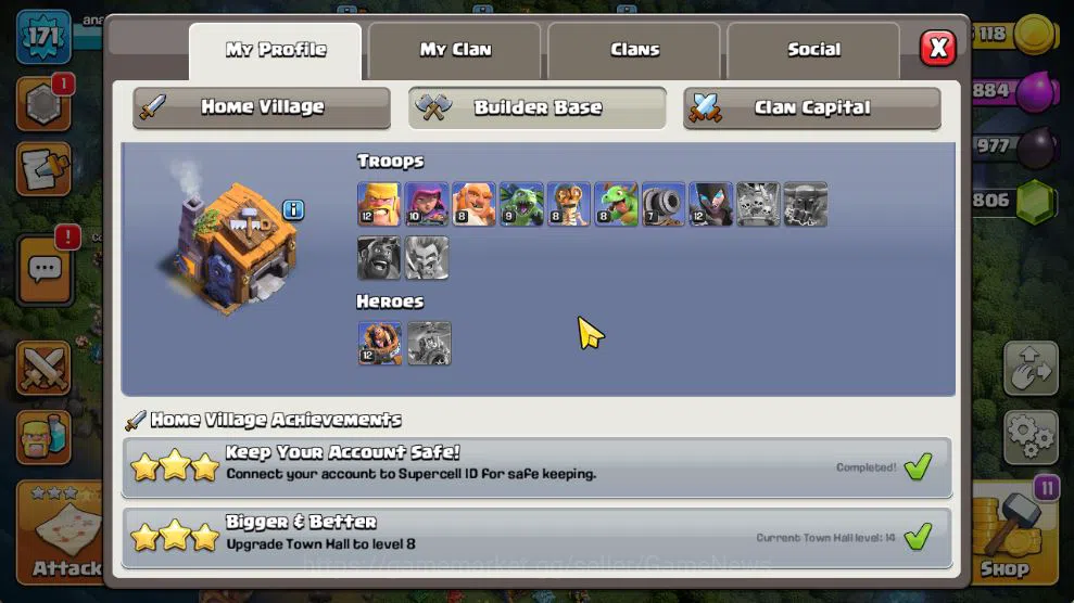 Clash of Clans Accounts Mid-Tier TH 14 - BH 7|Limited Skin|LV 171|HH 8|BK 72,AQ 80,GW 60,MP 41,RC 30,DD 0|CN OFF|Protect 5