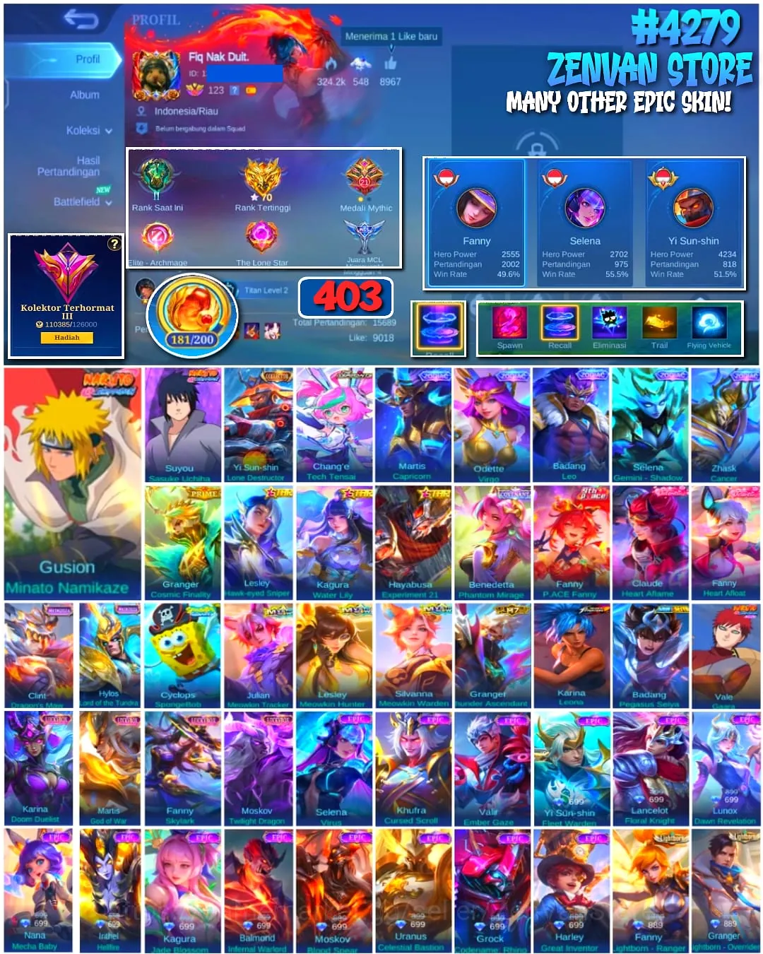 Mobile Legends: Bang Bang Accounts #4279 403 Skins | Yi Sun-shin Lone Destructor (COLLECTOR) | Gusion Minato Namikaze 1