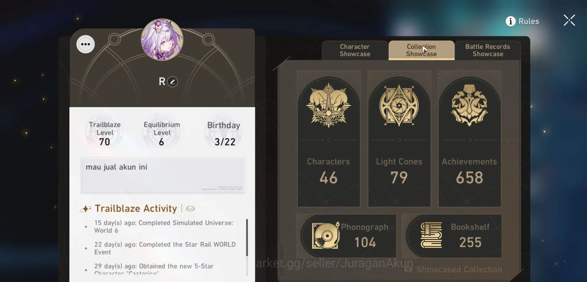 Honkai Star Rail Accounts End Game ASIA [TL70] 16 Limited (Castorice,Kafka+Sign, Firefly+Sign 2